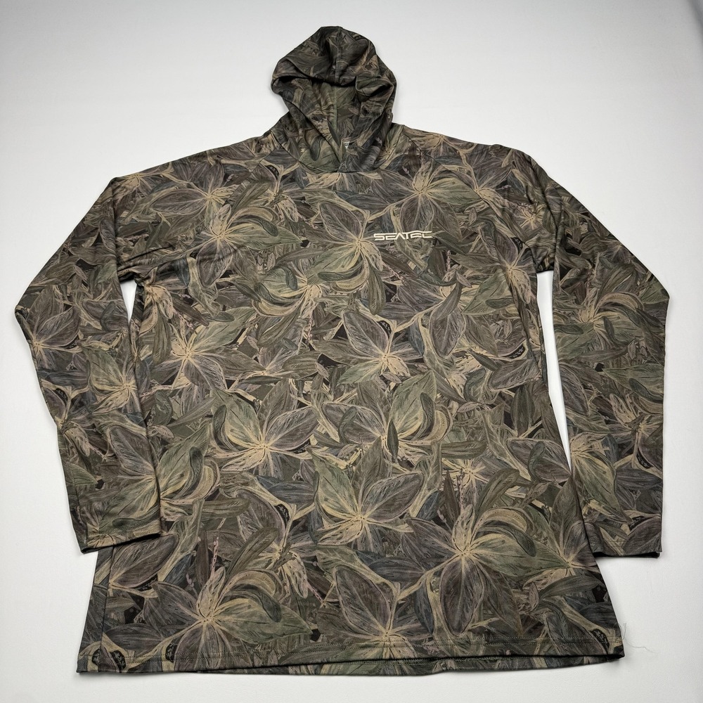 Seatec Hooded Shirt Mens Large Green Camo Long Sleeve Lightweight Fishing Top